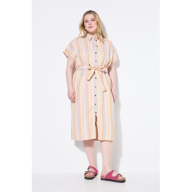 Robe-chemisier rayée, longueur midi beige <span itemprop=