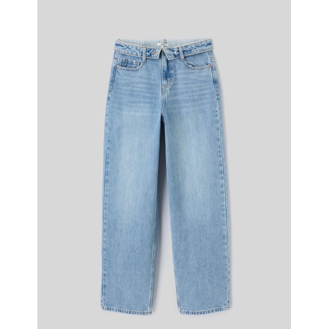 Jean balloon ceinture retournée bleu moyen <span itemprop=