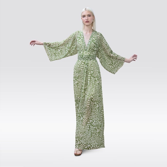 Robe longue fluide imprimée à manches larges vert <span itemprop=