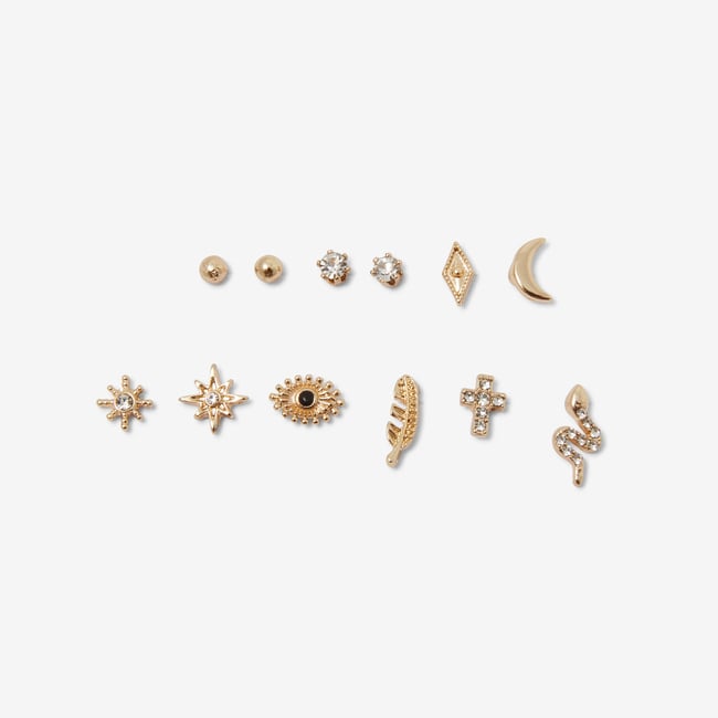 Set de 12 puces d'oreilles dépareillées serpent et œil doré <span itemprop=