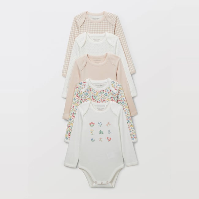 Lot de 5 bodies manches longues imprimé en coton BIO GOTS rosee <span itemprop=