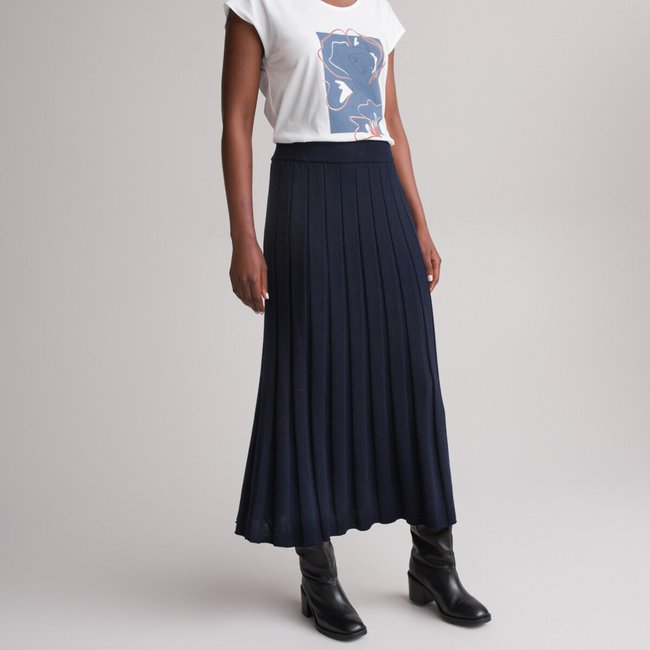 Jupe plissée en tricot, longue marine <span itemprop=