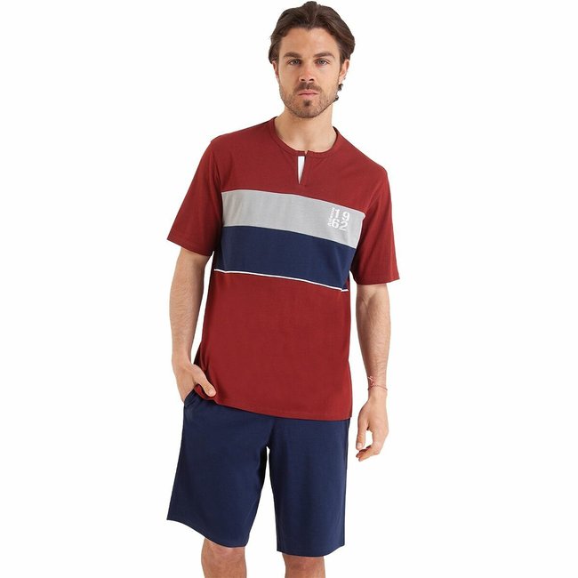 Cotton Short Pyjamas, brick/blue, ATHENA