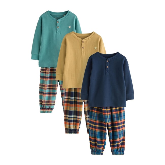 Bas de pyjama tissé à carreaux, lot 3 bleu marine/ocre/turquoise <span itemprop=