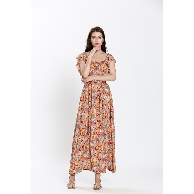 Bedrucktes Maxikleid mit Karree-Ausschnitt beige bedruckt <span itemprop=