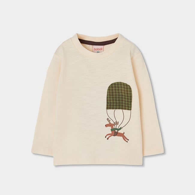 T-shirt garçon en maille avec renne en parachute blanc <span itemprop=