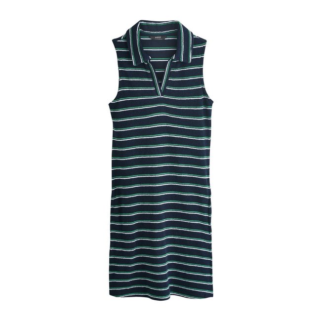 Robe polo courte en tissu éponge rayée bleu marine <span itemprop=