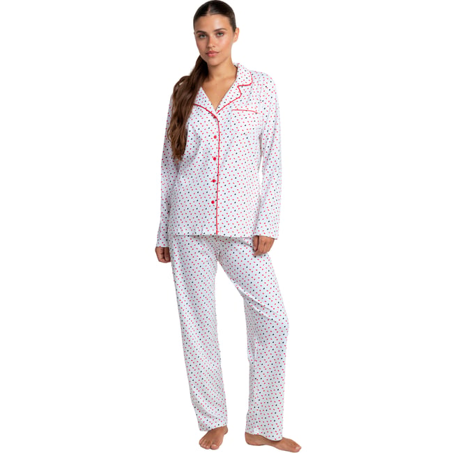 Pyjama pantalon chemise manches longues Love Hearts rouge <span itemprop=