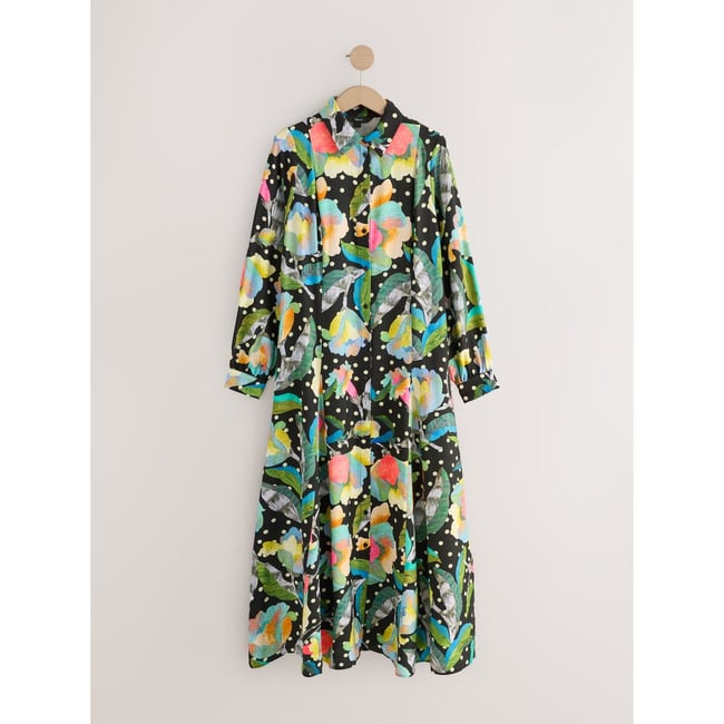 Robe chemise mi-longue à manches longues noir/multi-fleurs <span itemprop=