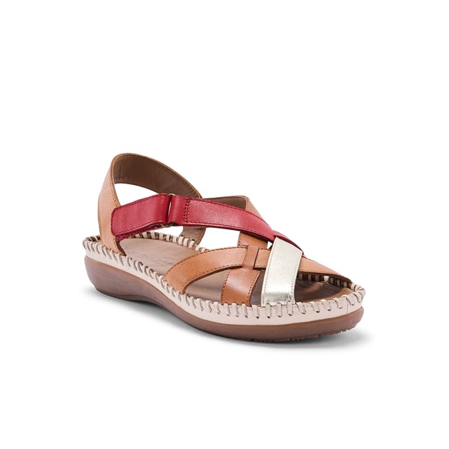 Sandales tout cuir à scratch camel multicolore <span itemprop=