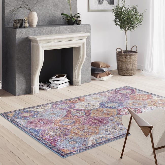 Tapis salon et chambre tissé motif ethnique VIVACE 5 Couleur violet, gris, rose <span itemprop=