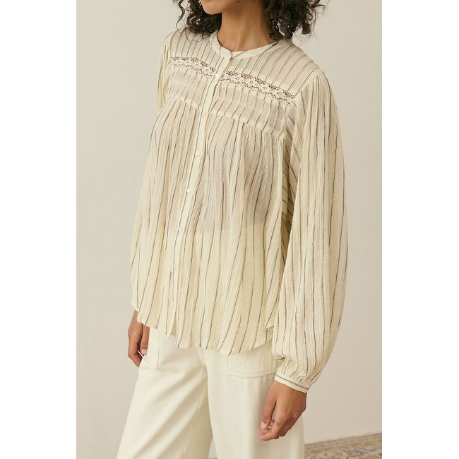Blouse col rond rayée brodée manches longues JALLY beige/noir <span itemprop=