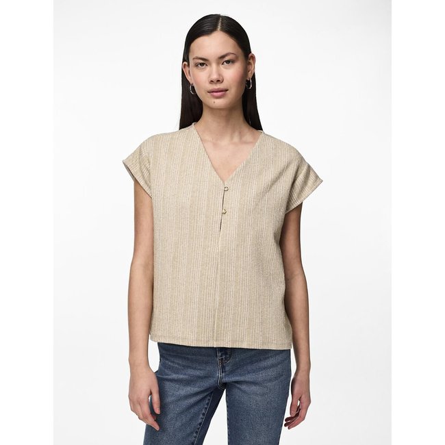 T-Shirt mit Glanzstreifen und V-Ausschnitt cremeweiss <span itemprop=