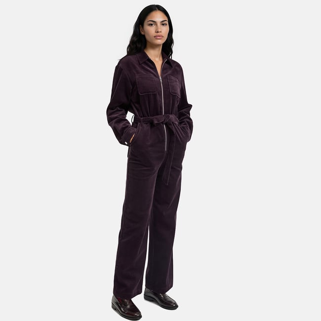 Combinaison pantalon zippée en velours côtelé violet prune <span itemprop=