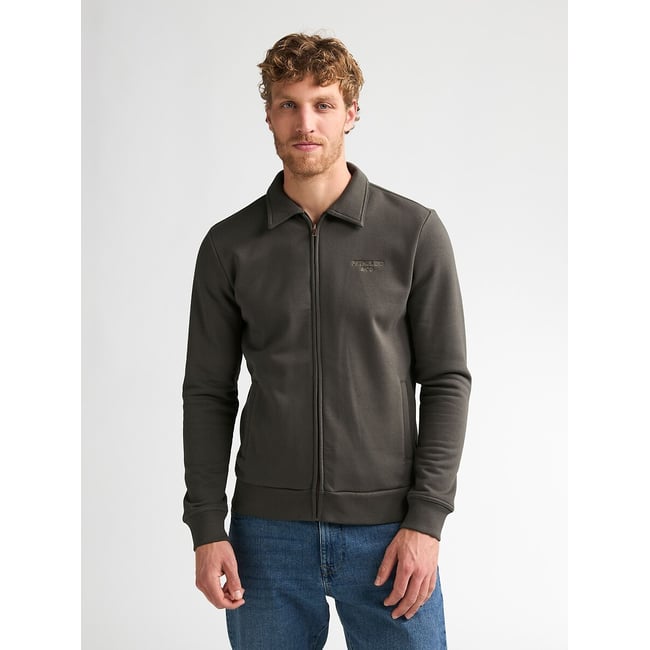 Sweat zippé col polo, chemise gris vert <span itemprop=