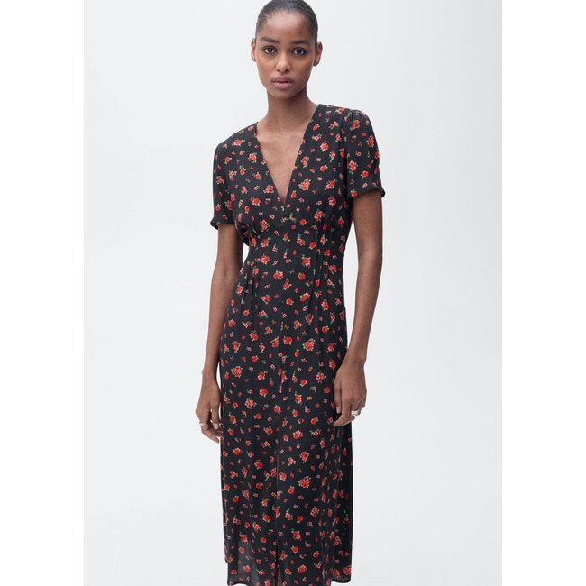 Robe midi fleurs noir <span itemprop=