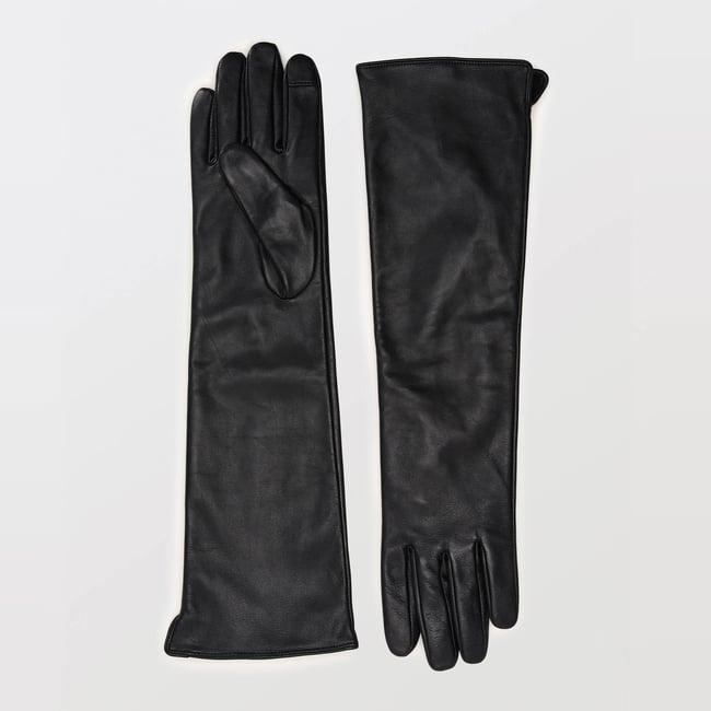 Gants longs tactiles en cuir noir <span itemprop=