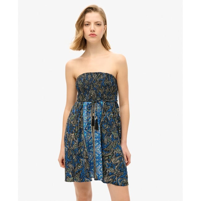 Robe bandeau bleu marine à motif feuilles cachemire <span itemprop=