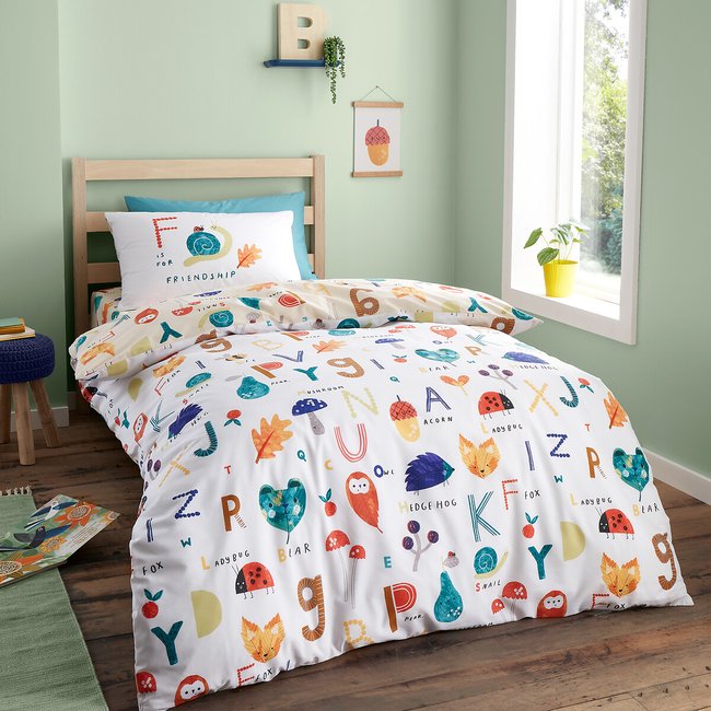 Woodland Alphabet Duvet Cover and Pillowcase Set, white, RHS