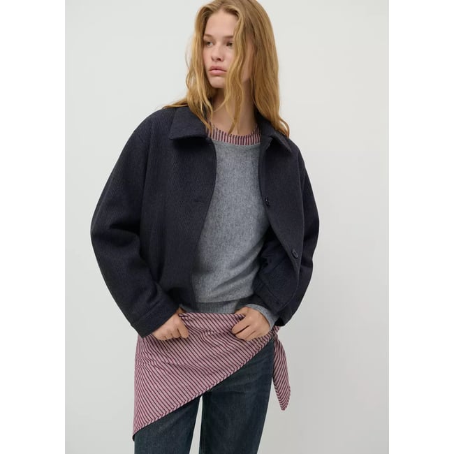 Manteau drap de laine rayé bleu marine <span itemprop=