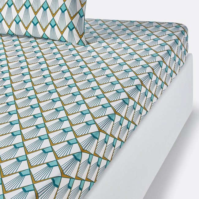 Drap housse percale de coton, Elisa blanc/imprimé vert <span itemprop=