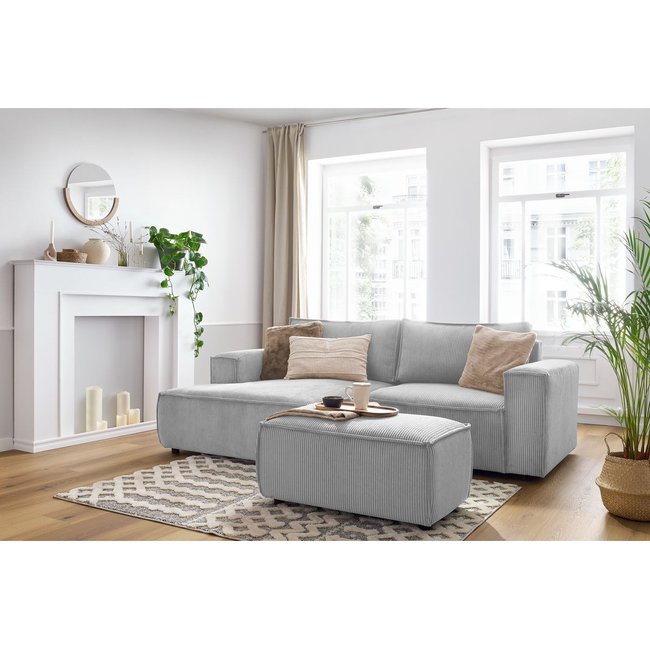 Canapé d'angle fixe 3 places en velours côtelé avec pouf, NIHAD - BOBOCHIC