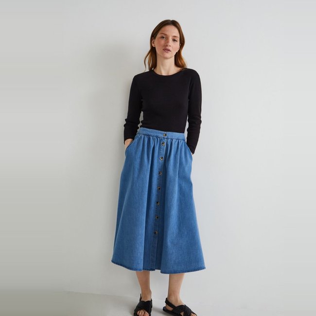 Jupe midi boutonnée en denim, certifiée OEKO-TEX - MONOPRIX