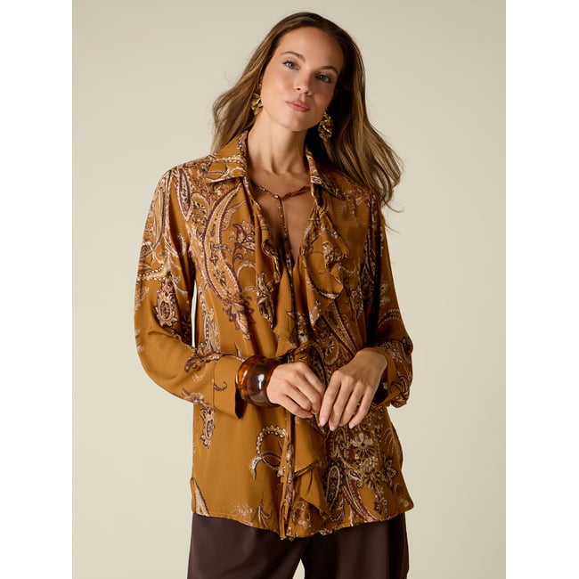 Blouse fantaisie à volants marron <span itemprop=