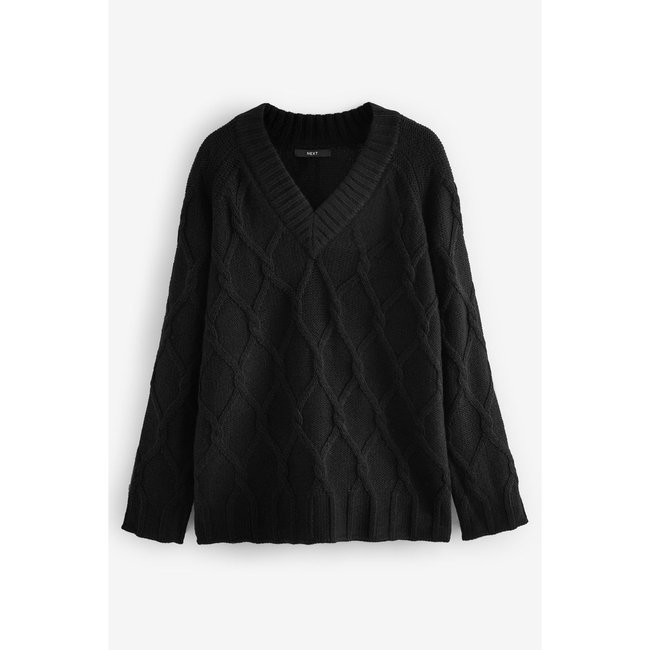 Pull tunique à col v en maille torsadée noir <span itemprop=