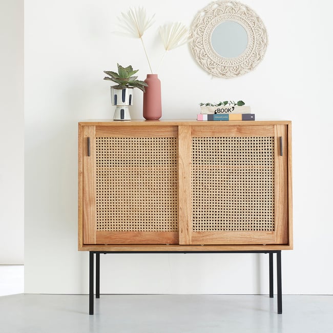 Commode en bois massif et cannage 100 cm  AUBIN Couleur naturel <span itemprop=