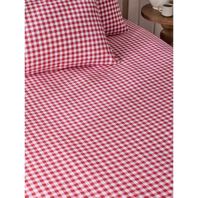 Drap-housse et taie d’oreiller à motif vichy rouge <span itemprop=