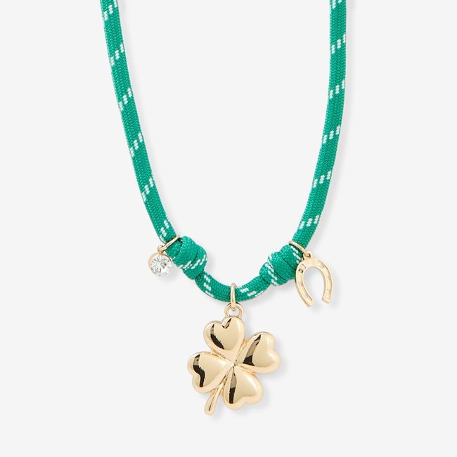 Collier cordons vert à charms trèfle vert <span itemprop=