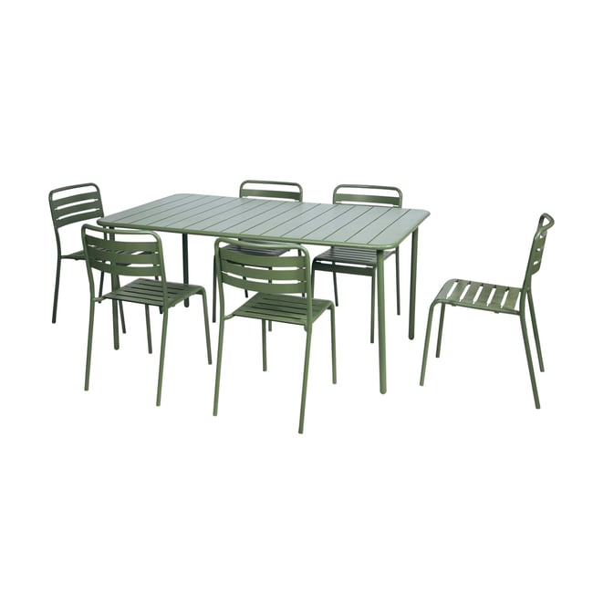 Table de jardin métal + 6 assises AMÉLIA vert <span itemprop=