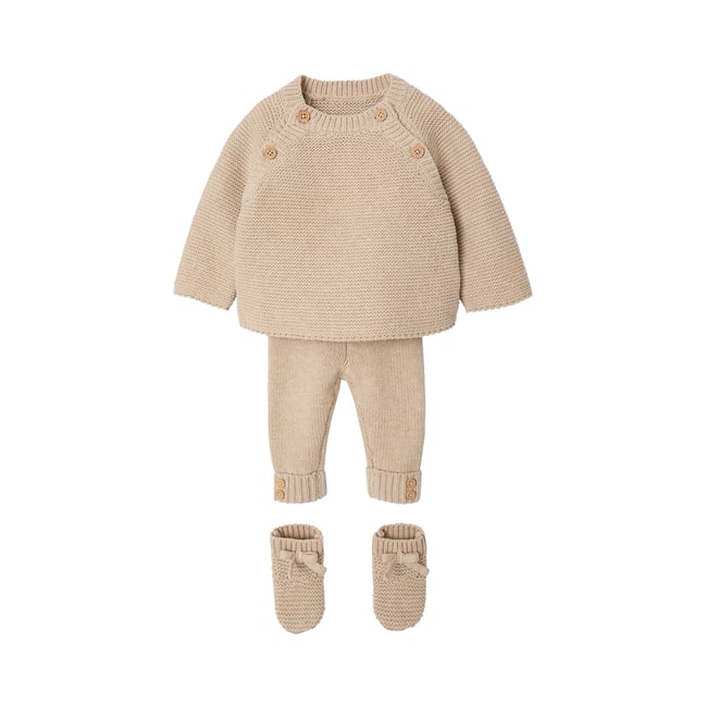 Ensemble 3 pièces naissance mixte beige chiné <span itemprop=