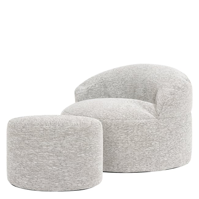 Pouf fauteuil d’appoint décoratif et son repose-pied rond en tissu tissé Oeko-Tex® - ORB Couleur naturel beige <span itemprop=