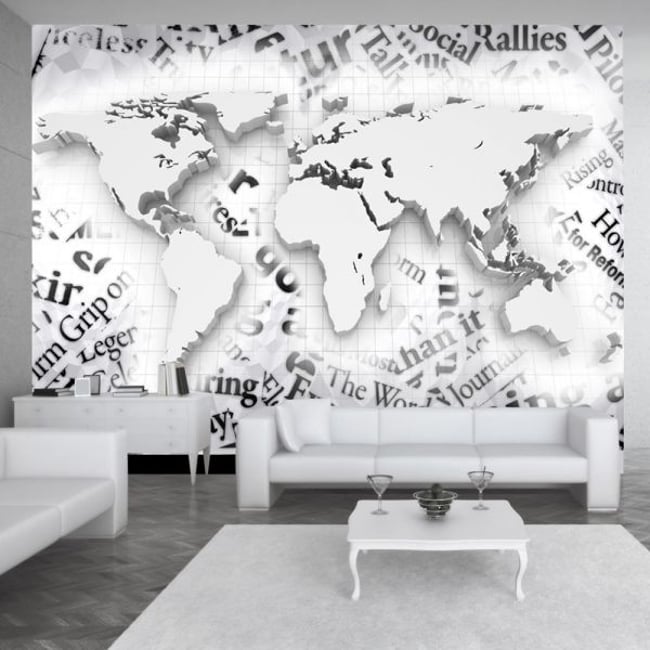 Papier peint intissé panoramique Carte du monde The world of newspapers Couleur noir <span itemprop=