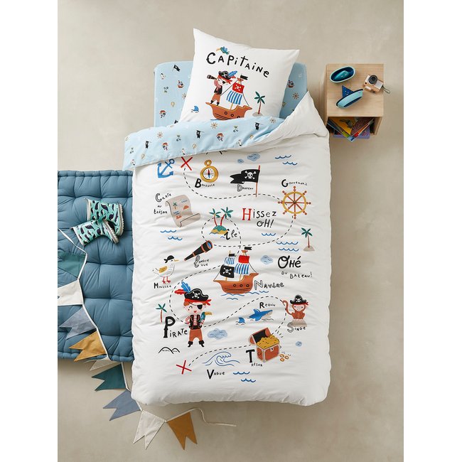 Parure housse de couette + taie d'oreiller enfant P COMME PIRATE écru / bleu <span itemprop=