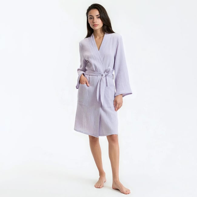 Peignoir kimono en gaze de coton, Signature MARGOT  lilas <span itemprop=