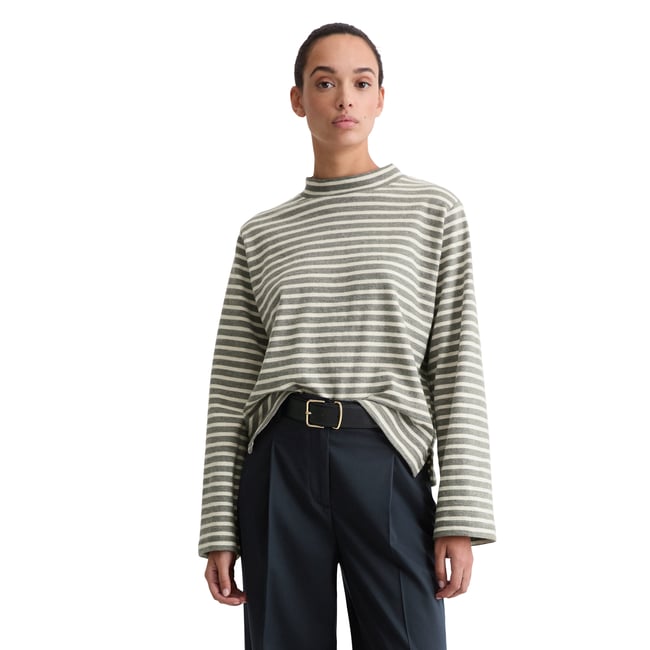 T-shirt long à col roulé rayé regular en jersey heavy slub teint en fil - MARC O'POLO