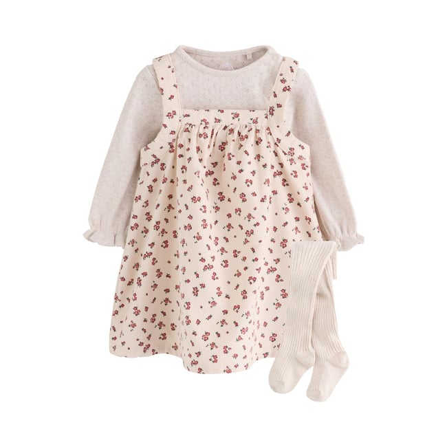 Robe, body et collants bébé, 3 pièces cordon floral écru <span itemprop=
