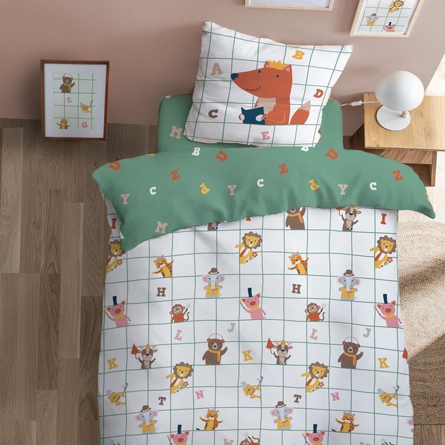 Parure de lit imprimée 100% coton, KARO ANIMO blanc, vert <span itemprop=