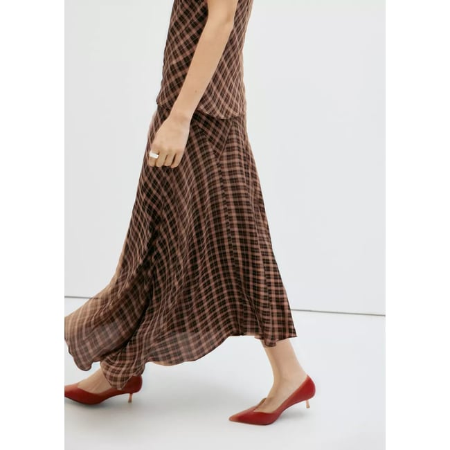Jupe asymétrique carreaux marron <span itemprop=