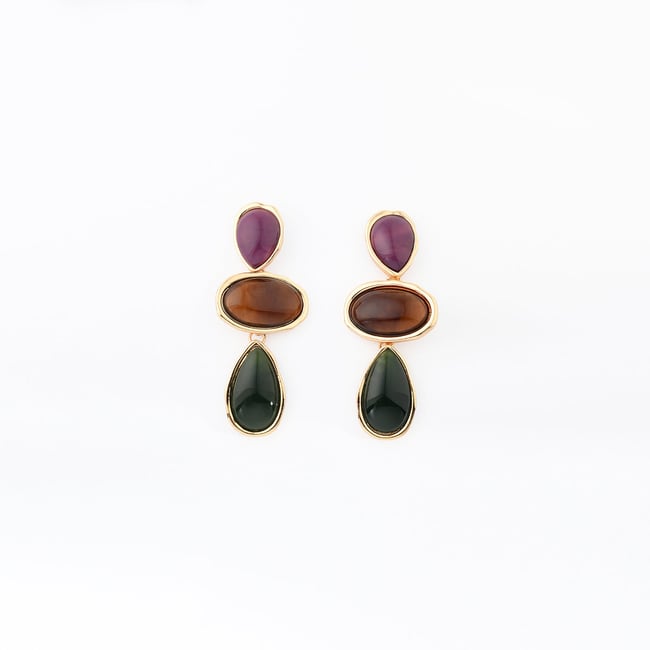 Boucles d'oreilles 3 cabochons violet, marron et vert violet <span itemprop=