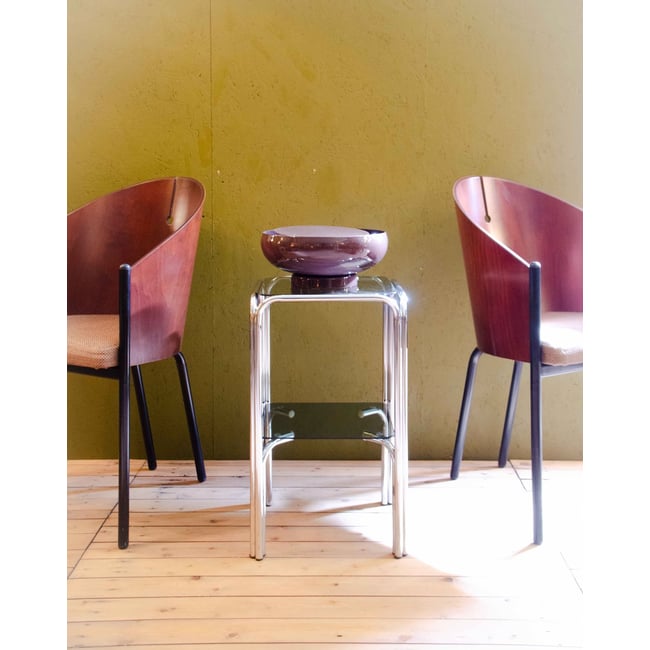 Guéridon en verre fumé et métal chromé Sacha N°31 - Bon état Couleur métal <span itemprop=