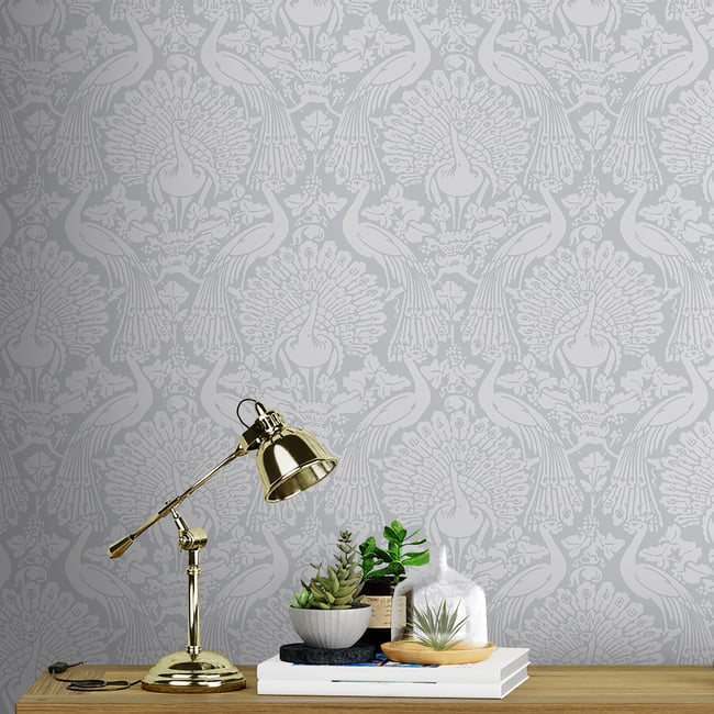 Papier peint Damassé Paons Slate Couleur gris <span itemprop=