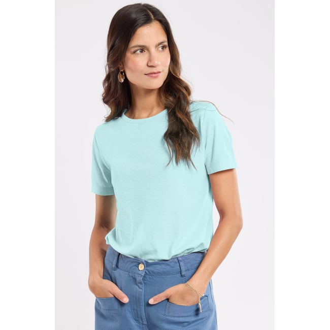 T-shirt uni en coton et lin aqua haze <span itemprop=