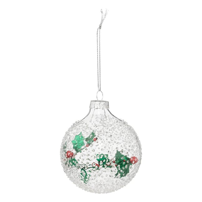 Boule de noël intérieur houx en verre 80mm Couleur transparent <span itemprop=