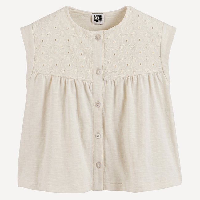 Blouse sans manches brodée ecru <span itemprop=