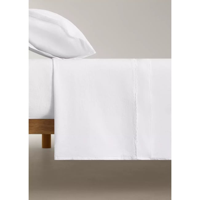 Drap plat enfant coton lavé dentelle volant lit 90 cm blanc <span itemprop=