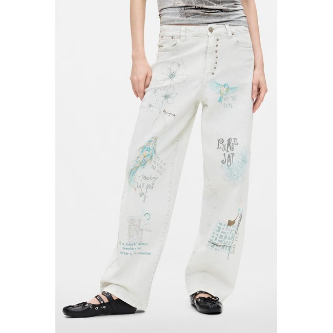 Pantalon en jean imprimé long beige <span itemprop=